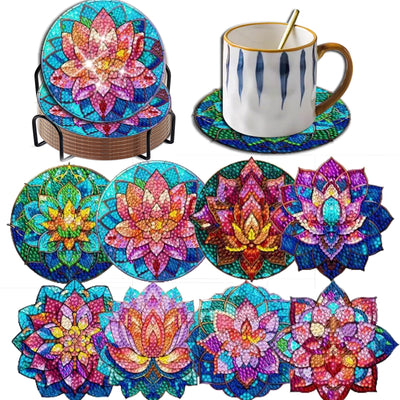 Demonwer 8 Pieces Lotus Diamond Painting Coasters with Holder DIY Cute Lotus Diamond Art Coasters 5d Lotus Diamond Coasters with Cork Pads for Beginners Adults for Christmas Holidays Gift