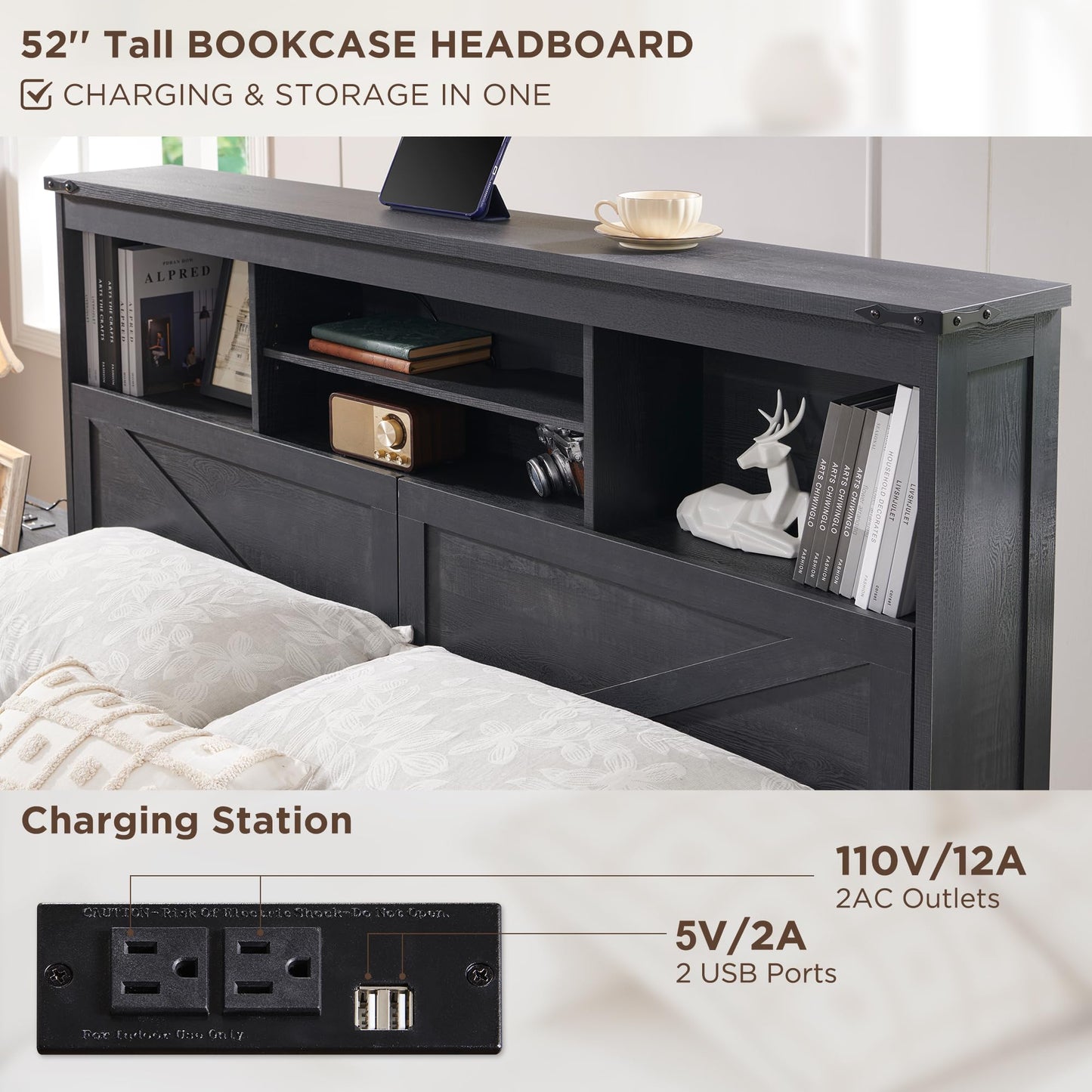 ACCOHOHO Black Farmhouse Wood Bed Frame with 52" Storage Headboard, LED Light & Charging Station - WoodArtSupply