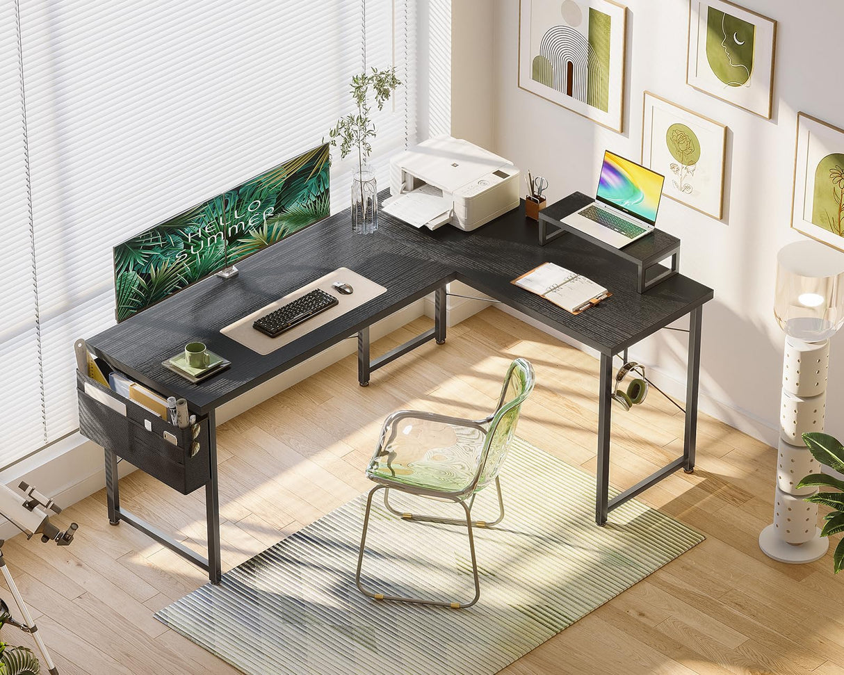Casaottima L Shaped Computer Desk with Storage Bag, 57.5 Inch Reversible Gaming Desk, Home Office Corner Desk with Monitor Shelf, Space-Saving Writing Workstation Desk, Easy to Assemble, Black Casaottima