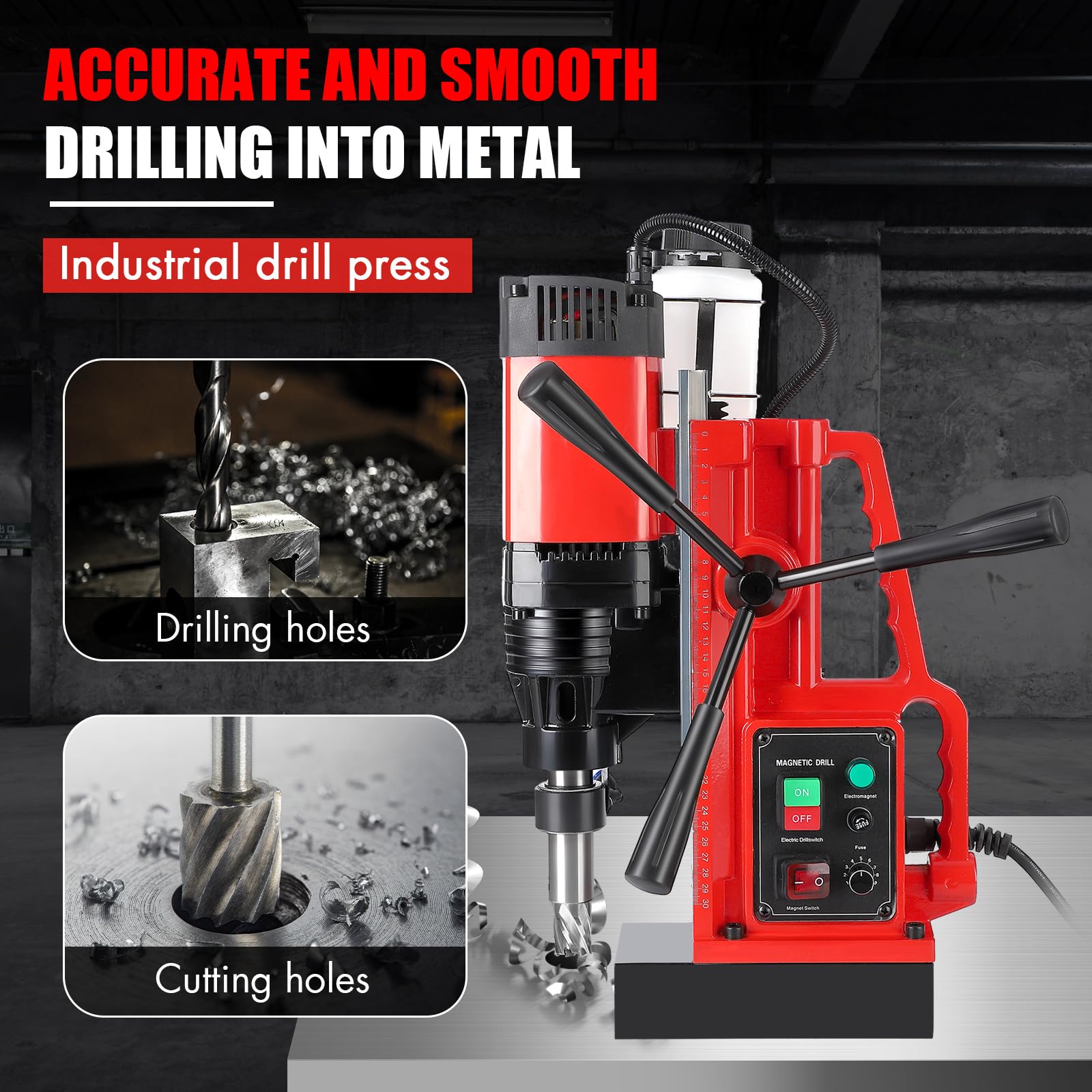 GARVEE Magnetic Drill Press, 1550W 500RPM Portable Mag Drill Press, 10-Speed Core Drilling Machine for Metal Working,3Pcs Drill Bits，Red - WoodArtSupply