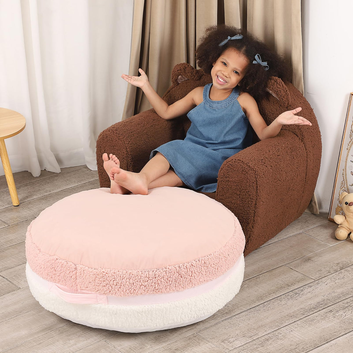 MOMCAYWEX Macaron Bean Bag Chair for Kids and Teens, Medium Bean Bag Sofa with Memory Foam Filling, 27.5"×27.5"×13.5", Pink and White MOMCAYWEX