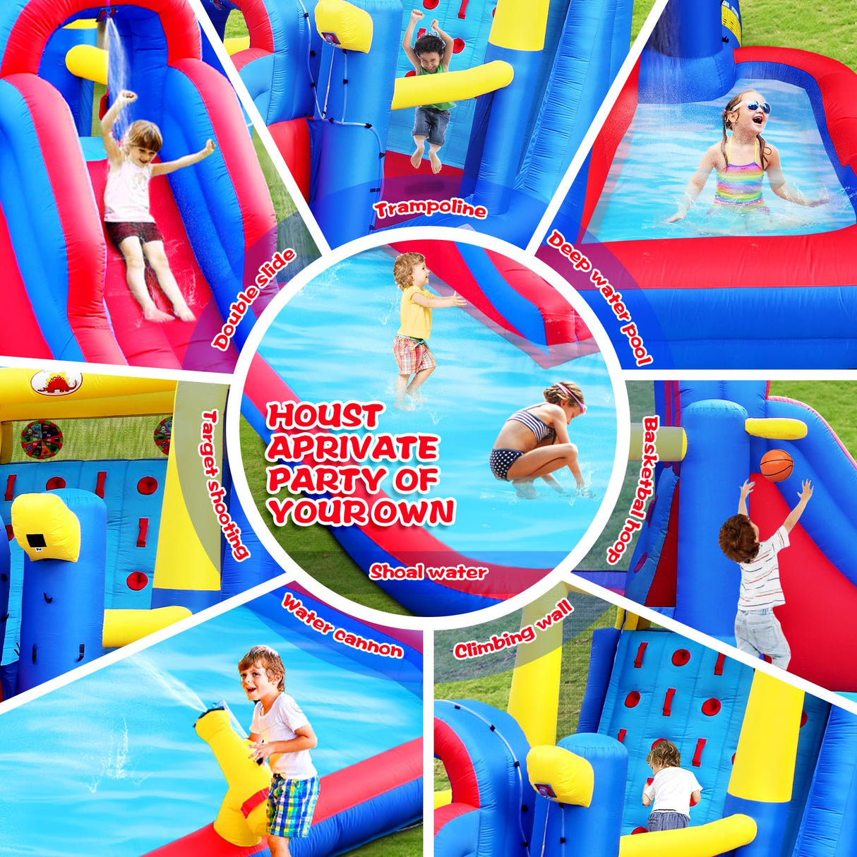 WELLFUNTIME Inflatable Water Slide Park with Large Climbing Wall, Dual Target, Deep Pool and Basketball Rock, Bounce House with Air Blower WELLFUNTIME