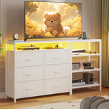 HAUOMS TV Stand with LED Lights for 60 Inch TV,Entertaiment Center with Charging Station,White L Shaped Corner TV Stand with Drawers & Shelves,6 PU Drawers,TV Stand Dresser for Bedroom HAUOMS