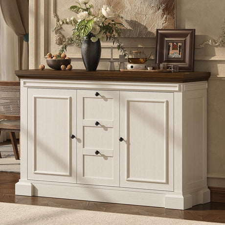 48 Inches Buffet Cabinet with Storage, 34" Tall Farmhouse Sideboard Buffet with 3 Drawers and 2 Doors, Wood Coffee Bar Cabinet with Adjustable Shelves, Credenza for Kitchen, Living Room, Antique White ONBRILL