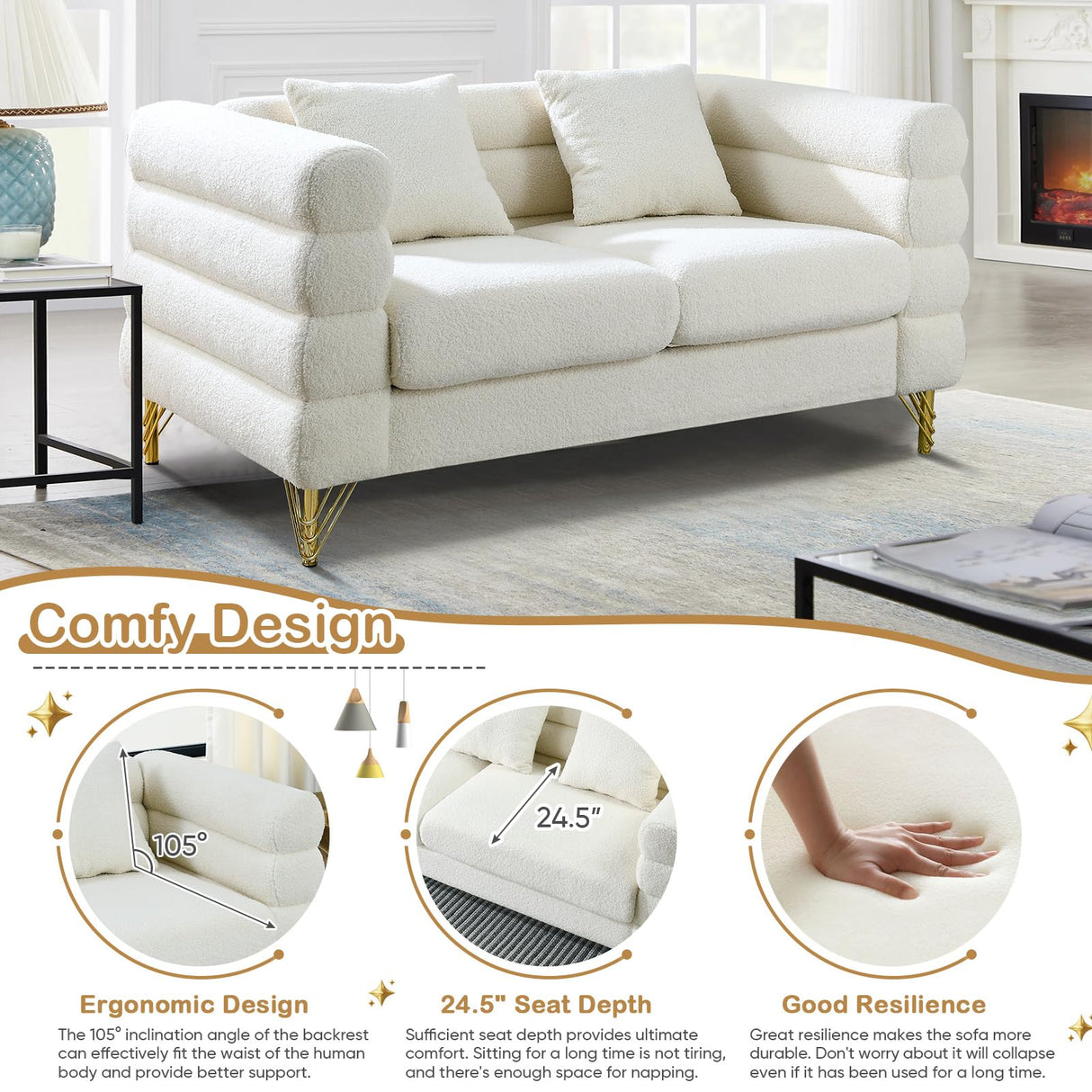 Comfy Loveseat Sofa, 60-inch 2 Seater Boucle Couch with Deep Seat Design, Upholstered Love Seat with 2 Pillows, Modern Living Room Sofa with Stylish Metal Legs for Office, Waiting Room, White Teddy KINFFICT