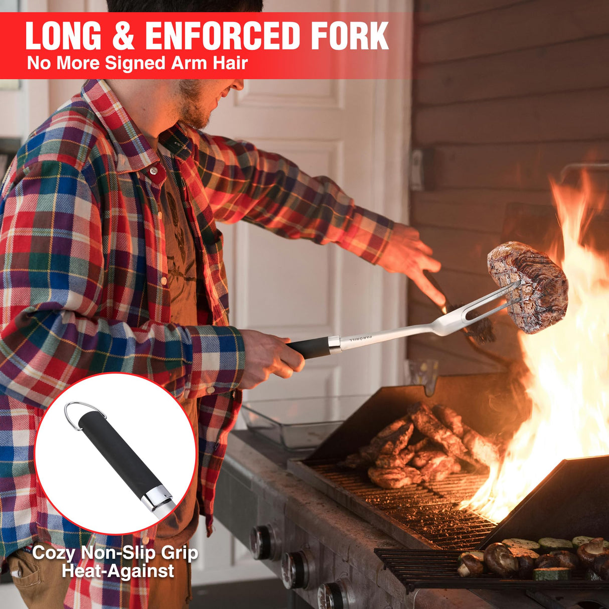 PARGRILL Grill Accessories Heavy Duty BBQ Set Gifts for Men/Women - Premium Stainless Steel Spatula, Fork, Brush & Tongs, Barbecue Utensils Tool Kit Gift for Grilling Lover Outdoor PARGRILL