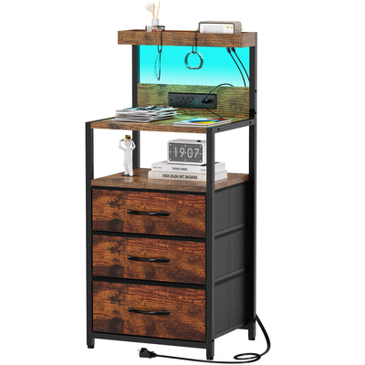 SZLHANJZ Nightstand, Dresser Nightstand with Charging Station, 3 Drawers Night Stand with Storage and LED Lights, 3 Shelves and Hooks, End Side Table for Bedroom, Rustic Brown