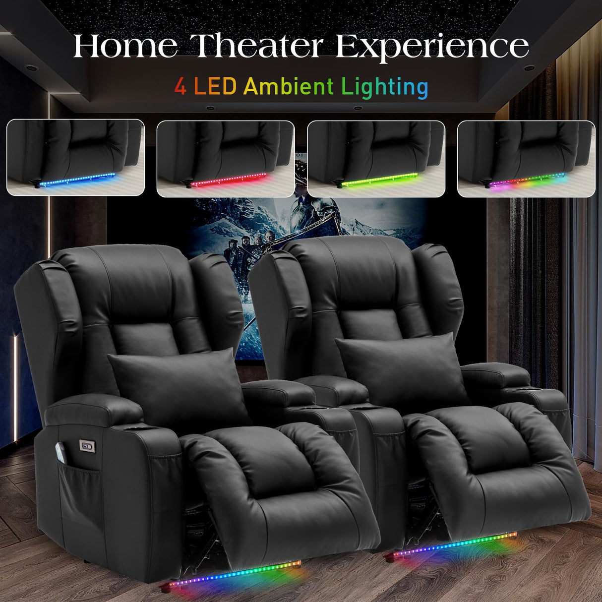 Power Recliner Chairs for Adults with Massage and Heat,Single Faux Leather Recliner Chair Sofa Reclinable Home Theater Seating with LED Lights,Cup Holders,Reclining Chair for Living Room (Black) Generic