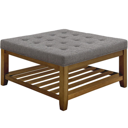 Befurtori Upholstered Coffee Table Tufted Linen Large Square Ottoman with Beech Wood Shelf and Frame, Oversized Footrest Ottoman for Living Room, Granite