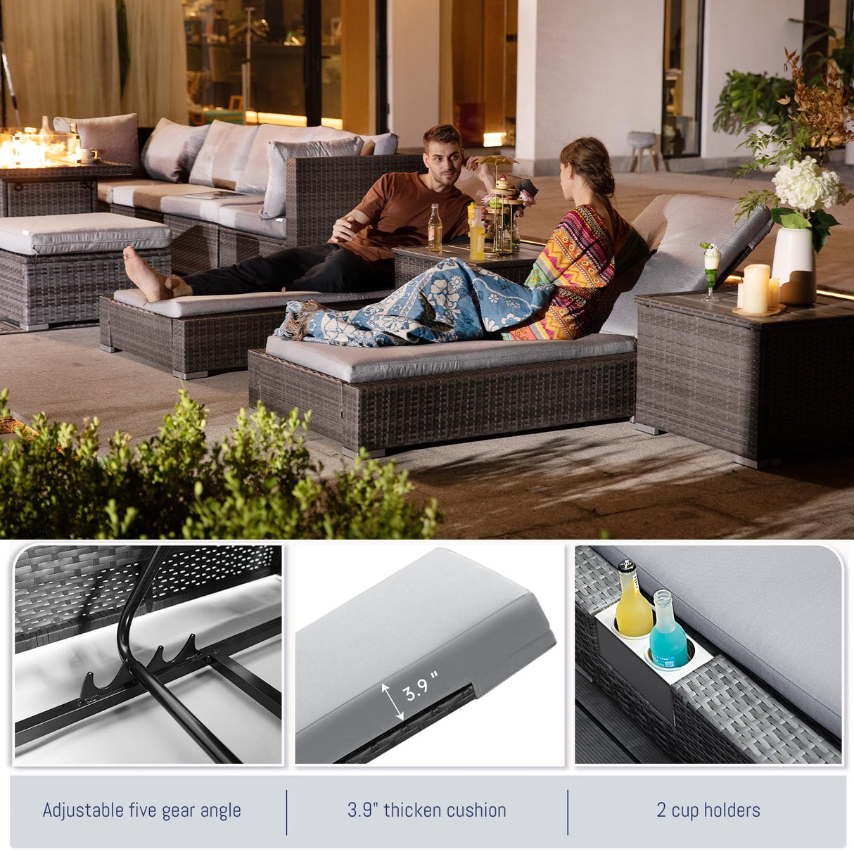 BULEXYARD 11 Piece Large High Back Outdoor Patio Furniture Sets with Firepit and Loungers, Cozy Extra Deep Wide Seating Sectional Conversation Couch Backyard Sitting Sets, Grey Wicker & Gray Cushion BULEXYARD