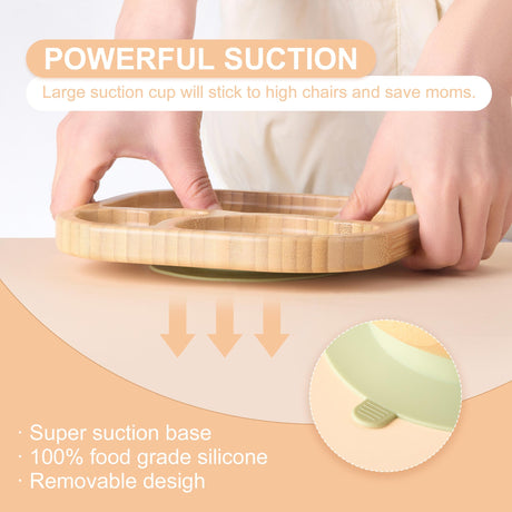 BABY REMEMBER Suction Plates Bowls Set for Baby Toddler Non-Toxic Bamboo Feeding Set with Silicone Fork & Spoon (Green Feeding Set) BABY REMEMBER