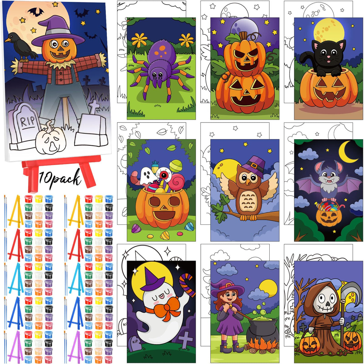 Blosssound 10 Set Halloween Pre Printed Canvas Pre Drawn Canvas Painting with Easel Kits 5" x 7" Outline Painting Panels for Beginners, DIY Craft Project, Party Favor, Home Decors Blosssound