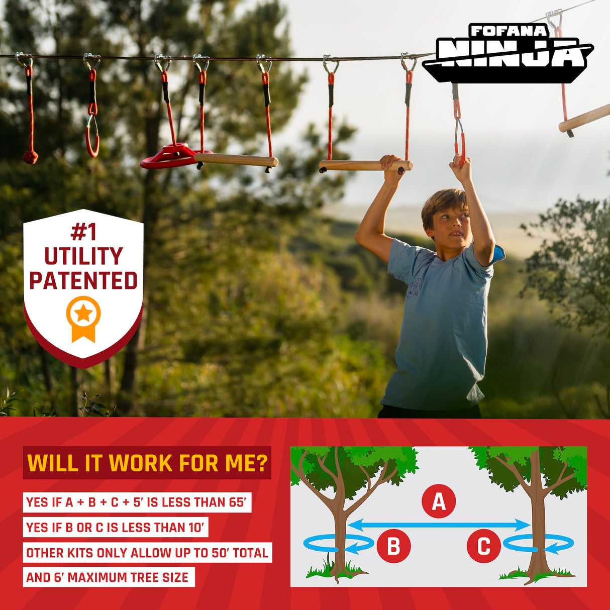 Fofana Ninja Warrior Obstacle Course for Kids – 32-Piece Backyard Playset, 9 Fun Training Obstacles, 65 Ft Slackline Kit Accessories - Outside Line Ninja Kids Toys, Outdoor Play Equipment, Jungle Gym Fofana