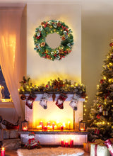 24 Inch Pre-Lit Artificial Christmas Wreath, Battery Operated LED Christmas Wreath with Pine Needles Branches Hari Leaves Red Berry Pine Cones Lighted Wreath for Front Door Wall Windows X-mas Ornament Brightown