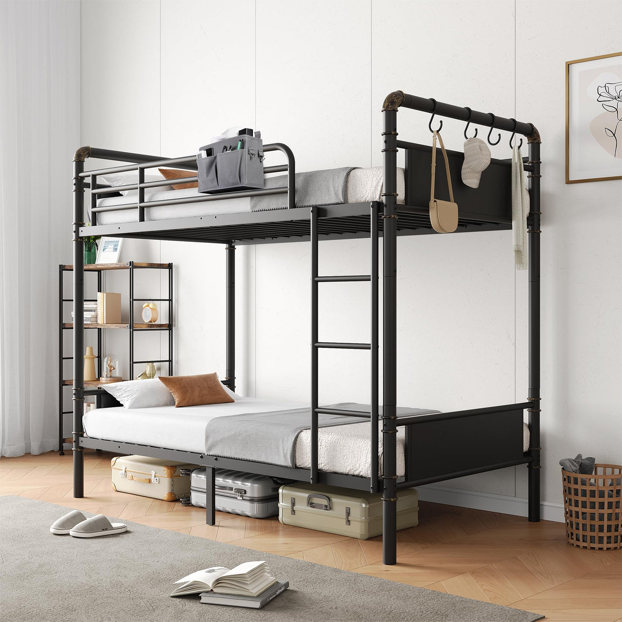 Jocoevol Metal Bunk Bed Twin Over Twin, Industrial Bunkbeds Heavy Duty Bed with Safety Guard Rails and Space-Saving Design, Steel Bed for School, Bedroom (Black Leather) Jocoevol