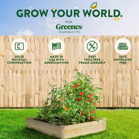 Greenes Fence Original Pine Raised Garden Bed, 4' x 4' x 10.5" - Made in USA with American Pine Greenes Fence