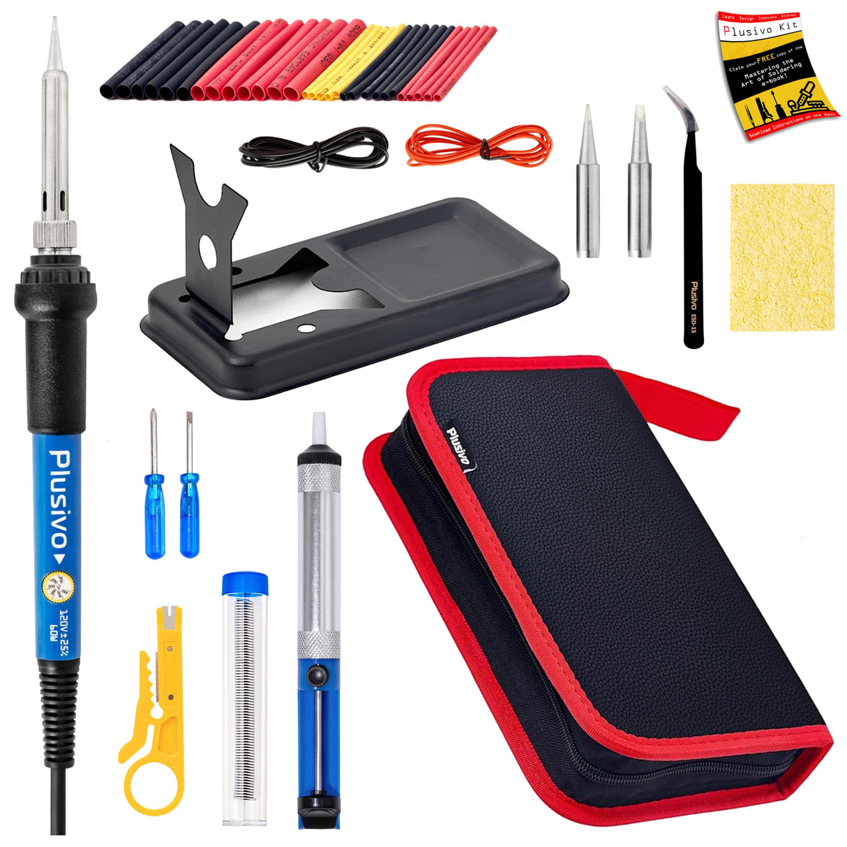 Soldering Iron Kit, 60W Soldering Iron, 2 Soldering Iron Tips, 14-in-1 Adjustable Temperature, Solder Wire, Desoldering Pump, Stand, Fast Heating for Electronics Repair Hobby DIY 120V US Plug Plusivo