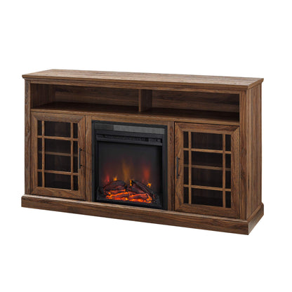 Walker Edison Hoxton Classic 2 Glass Door Fireplace Stand for TVs up to 65 Inches, 58 Inch, Dark Walnut - WoodArtSupply