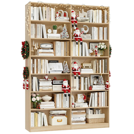 FACBOTALL 83.6" Tall Bookshelf and Bookcase, 7-Tier Extra Large Bookshelf with Double Storage, 14 Open Display Shelves for Home Office, Study and Living Room, Light Oak FACBOTALL