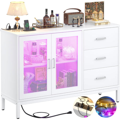 Aheaplus Sideboard Buffet Cabinet with 3 Wood Drawers, Storage Cabinet with Power Outlet, Coffee Bar Cabinet with LED light, 2 Doors, Modern Accent Cabinet Console Table for Kitchen Dining Room, White Aheaplus