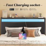 Fluest Queen Bed Frame with Headboard & Footboard, Bed Frame with Built-in Charging Station & LED Light, Storage Shelf, Noise-Free, No Box Spring Needed, Easy Assembly, Classic Black Fluest