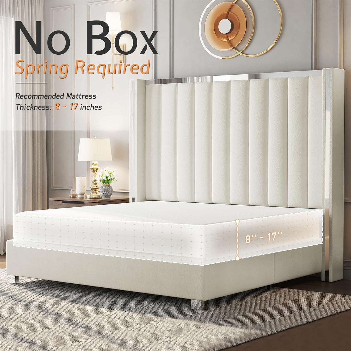 Jocisland Queen Size Bed Frame with 58" Tall Headboard, Platform Velvet Upholstered Bed with Channel Tufted Wingback Headboard and Plating Trim, No Box Spring Needed, White Cream Jocisland