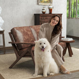 Bonzy Home 51.6" Loveseat Sofa Mid-Century Faux Leather Accent Chair, Upholstered 2-Seat Couch Loveseat with Solid Wood Frame and Cushions, Small Sofa Couch Armchair for Living Room, Bedroom,Brown Bonzy Home