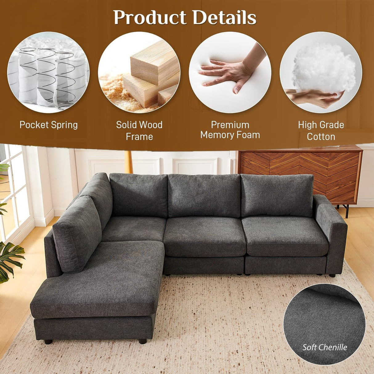 Elevyoliv 100" L Shaped Sectional Couch with Chaise, Modern 4-Seater Sectional Couches for Living Room, Comfy Chenille Corner Sofa for Apartment, Dark Grey Elevyoliv