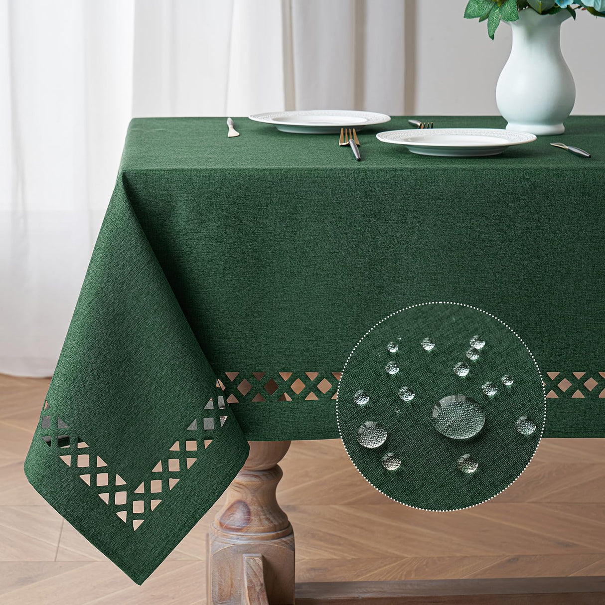 MIULEE Hunter Green Thick Polyester Linen Rectangle Tablecloth Decorative Cutouts Waterproof Stain and Wrinkle Resistant Table Cloth Christmas Holiday Table Cover for Dining Kitchen, 52 x 70 inch MIULEE