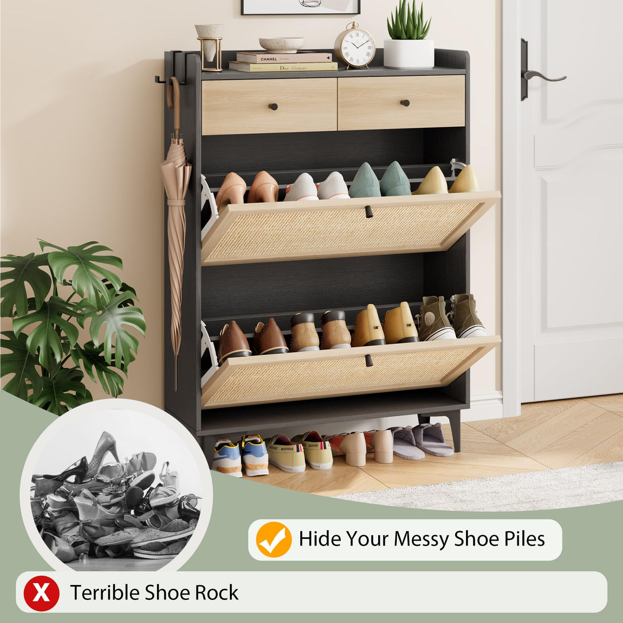 Jocoevol Rattan Shoe Cabinet Storage with 2 Flip Drawers & 2 Drawers, Freestanding Narrow Wood Shoe Cabinet with Metal Legs for Entryway Hallway, Light Black Jocoevol