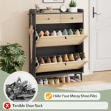 Jocoevol Rattan Shoe Cabinet Storage with 2 Flip Drawers & 2 Drawers, Freestanding Narrow Wood Shoe Cabinet with Metal Legs for Entryway Hallway, Light Black Jocoevol