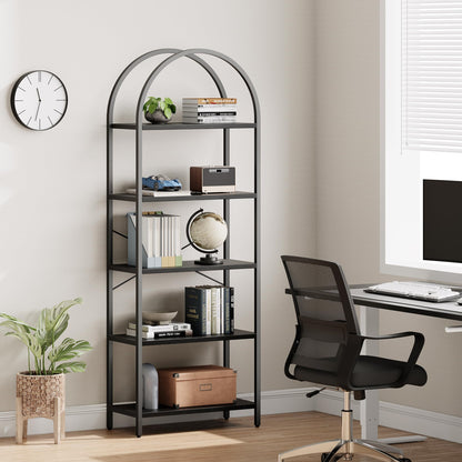 5-Tier IDEALHOUSE Arched Black Bookshelf with Metal Frame - Tall Open Storage Rack for Home or Office - WoodArtSupply