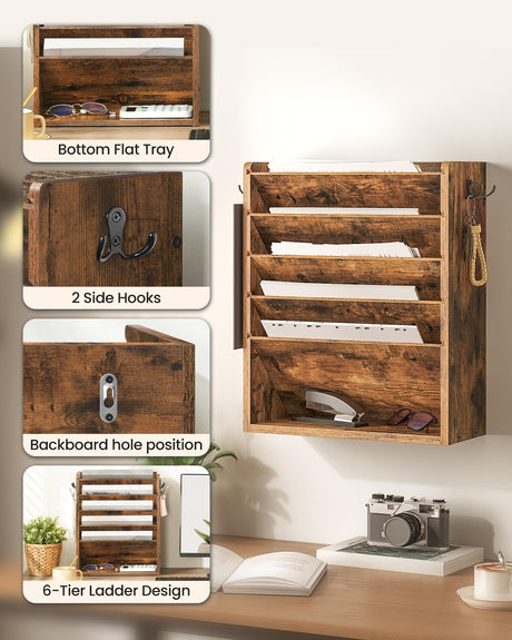 CHOEZON Wall File Organizer, 6-Tier Vertical Mount Hanging Holder with 2 Side Hooks, Vintage Wooden Magazine Storage Crate with Bottom Flat Tray, Desk Organizer, for Office, Home, Rustic Brown MWJ01FG CHOEZON