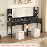 Small Vanity Desk, Vanity Desk with Mirror and Lights, Makeup Vanity Desk with Power Strip, Vanity Table with Drawers and Shelves, Adjustable Lighting, Dressing Table for Bedroom Dressing Room, White Cyclysio