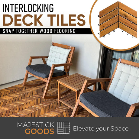 Interlocking Deck Tiles 12" x 9" Herringbone 18 Sq Ft - Non-Slip Acacia Wood Outdoor Tiles for Patio - Decking, Porch and Balcony Flooring Tiles - Easy to Install Wooden Deck Tile Pavers (24 Pack) Majestick Goods