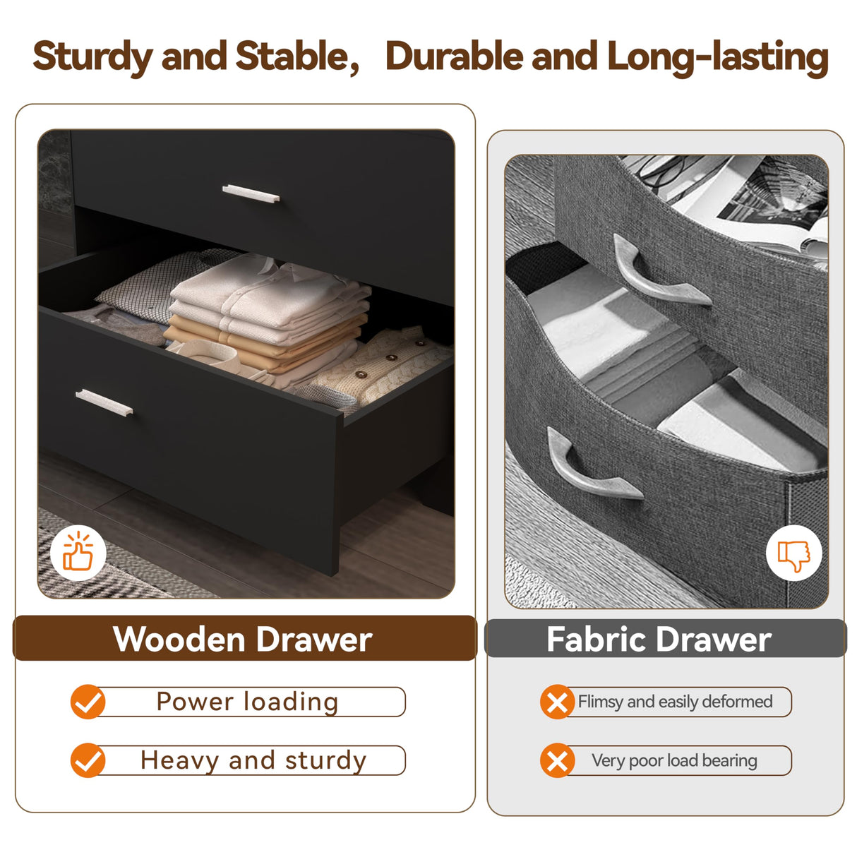 FJTJBSI Dresser with Power Outlets Wooden 6 Drawer Dresser with Large Organizer Black Tall Storage Organizer with Smooth Metal Rail Modern Chest of Drawers Closet for Bedroom Hallway FJTJBSI