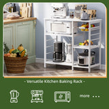 vovala Baker’s Rack, Microwave Oven Stand with Bamboo Frame, 35.43" Coffee Bar with Wire Basket & 6 Hooks, 3-Tier Kitchen Storage Shelf Stand for Kitchen, Living Room, Office, White vovala