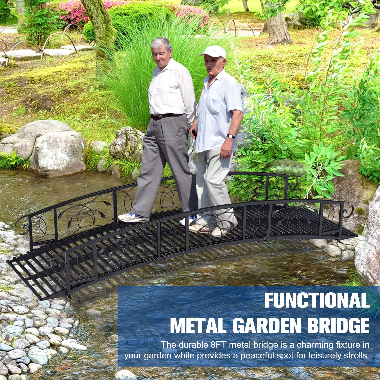 Kinpaw 8FT Metal Garden Bridge, Outdoor Arc Walkway with 2 Safety Rails, Durable Decorative Footbridge w/Weight Capacity 770 lbs, Decor for Stream, Fish Pond, Antique Black - WoodArtSupply