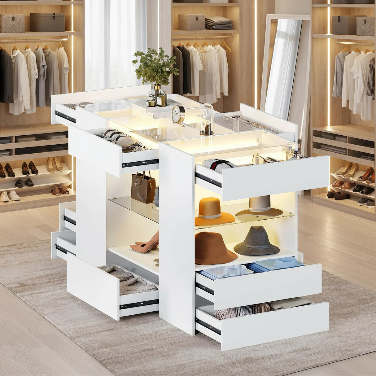 Kikihouse Modern Closet Island with 10 Drawers, LED Wardrobe Armoire Island with Glass Top, Luxury Walk-in Closet Island Storage Cabinet with Display Shelf for Cloakroom, Dressing Room (White) Kikihouse
