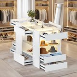 Kikihouse Modern Closet Island with 10 Drawers, LED Wardrobe Armoire Island with Glass Top, Luxury Walk-in Closet Island Storage Cabinet with Display Shelf for Cloakroom, Dressing Room (White) Kikihouse