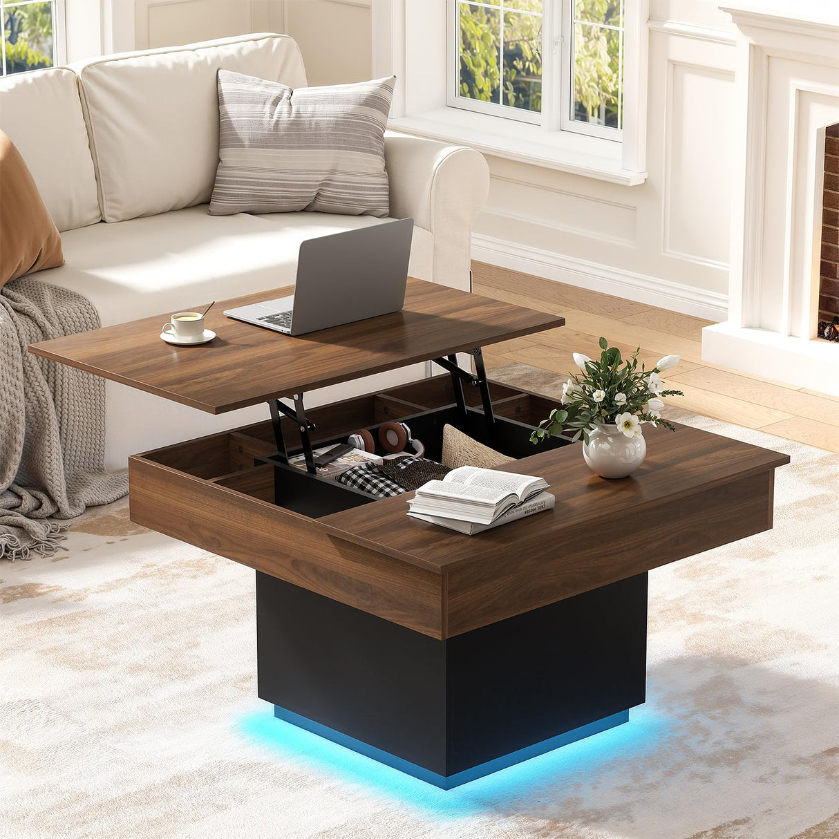 FABATO Lift Top Coffee Table with LED Light and Charging Station, 31.5 Inch Square Coffee Table with Hidden Storage, Modern Farmhouse Center Table for Living Room, Reception Dinning Room, Black Walnut FABATO