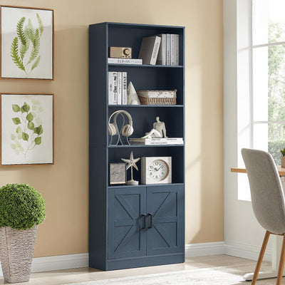 RWYHG 70in Tall Bookshelf 6 Tier Bookcase with Barn Doors and Adjustable Shelf, Blue Farmhouse Book Shelves with Storage Cabinet, Wood Floor Standing Display Bookshelve for Bedroom,Living Room,Kitchen