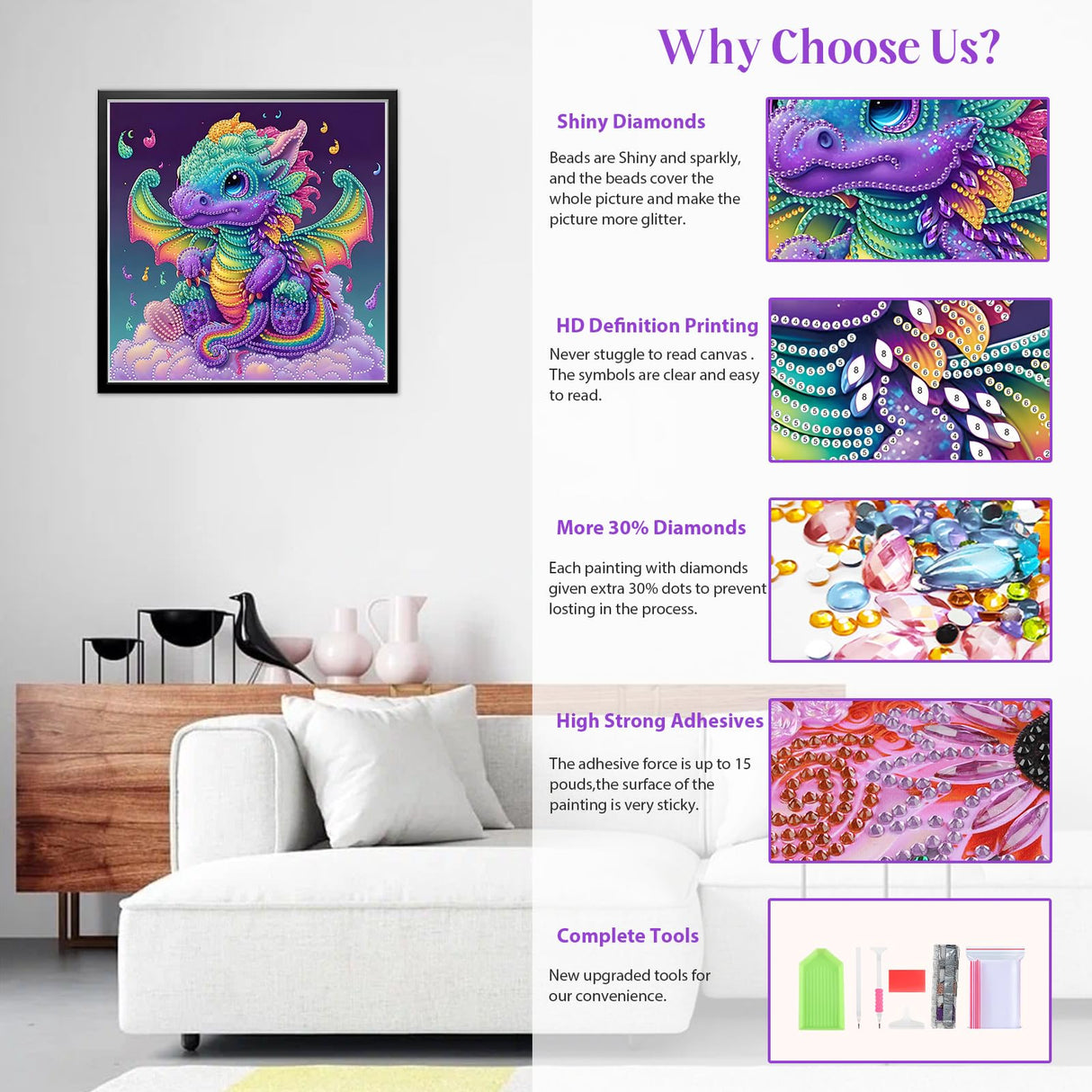 HEIBAGO 5D Special Shape Diamond Art Kits for Beginners, Dinosaurs Diamond Painting Kits for Adults, Dragons Crystal Rhinestones Diamond Painting for Home Wall Decoration Gift 12x12inch HEIBAGO