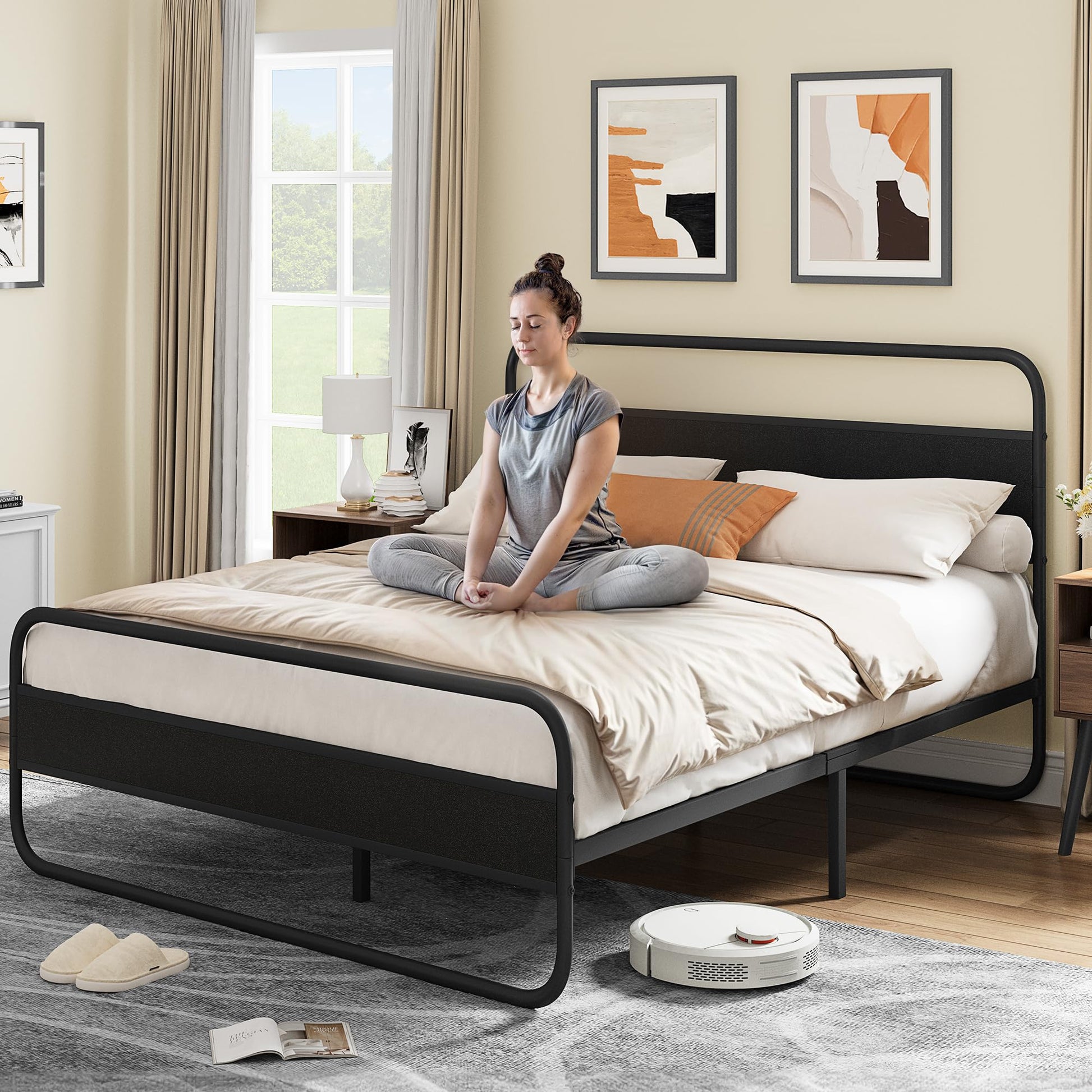 YITAHOME Heavy Duty Queen Bed Frame with Wooden Headboard - No Box Spring Required, Noise-Free, Easy Assembly - WoodArtSupply