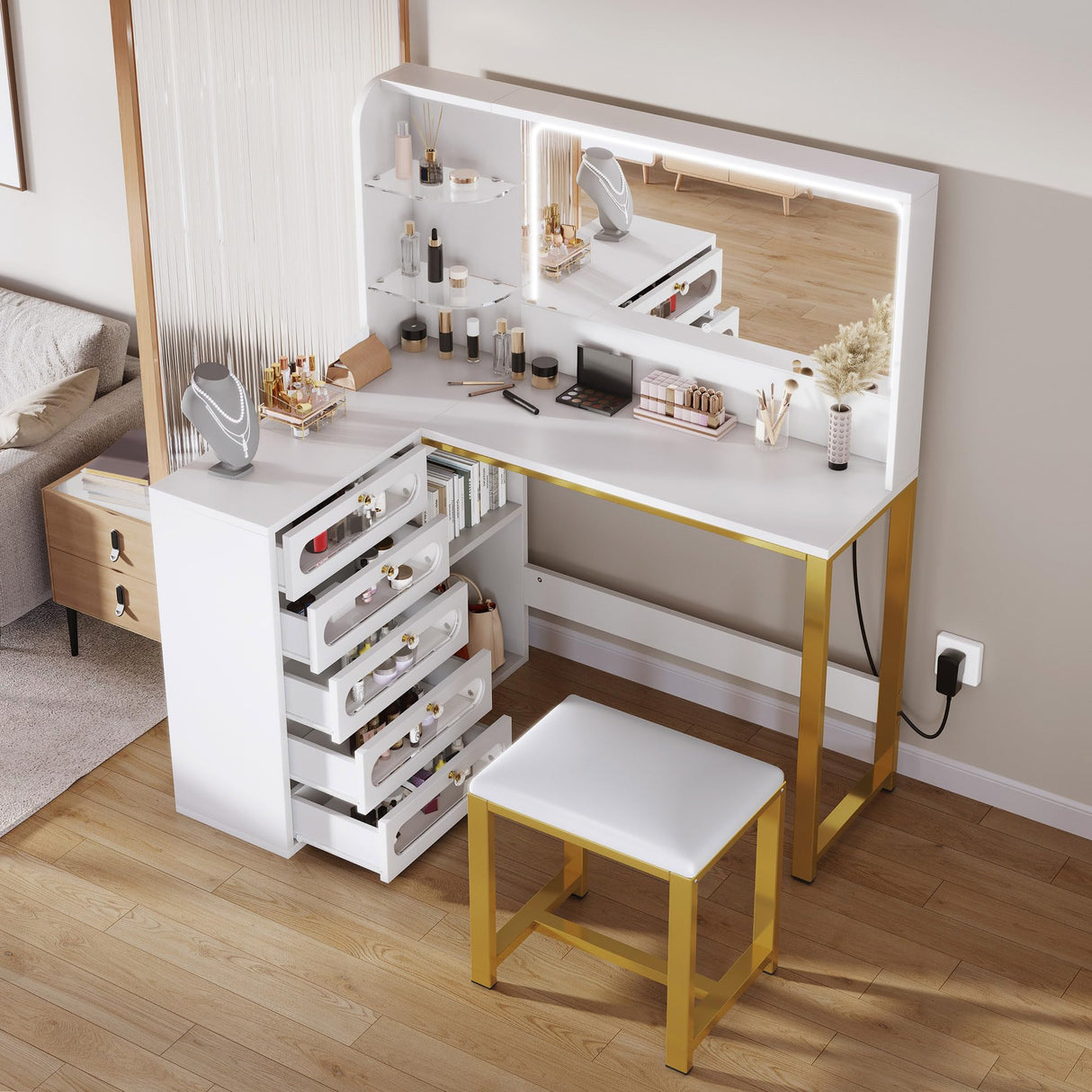 DWVO Vanity Desk with LED Lighted Mirror and 3 Lighting Modes, L-Shaped Corner Vanity Table, 48" Large Dressing Table with 5 Tempered Glass Drawers with Open Storage Shelves, White DWVO