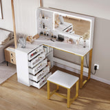 DWVO Vanity Desk with LED Lighted Mirror and 3 Lighting Modes, L-Shaped Corner Vanity Table, 48" Large Dressing Table with 5 Tempered Glass Drawers with Open Storage Shelves, White DWVO