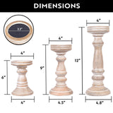 Mela Artisans Whitewashed Hand Carved Wooden Pillar Candle Holders - Set of 3 | Chennai Decorative Style | Crafted from Mango Wood | Rustic Table Centerpiece Decor | Sized 6", 9" and 12" Mela Artisans