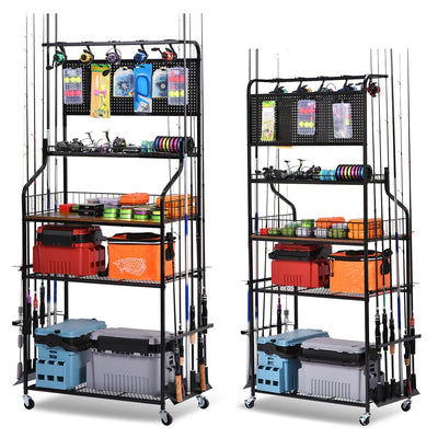 Lezbanz Upgraded Heavy Duty Fishing Rod Rack for Garage, Fishing Pole Holders for 12 Rods with Hooks and Pegboard, Fishing Cart with Reel Rack, Fishing Gear Holder