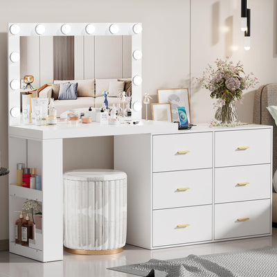 PakaLife Makeup Vanity Desk with Mirror and 3-Color Lights, Corner Vanity Dressing Table with Charging Station,6 Drawers,Side 2 Storage Shelves for