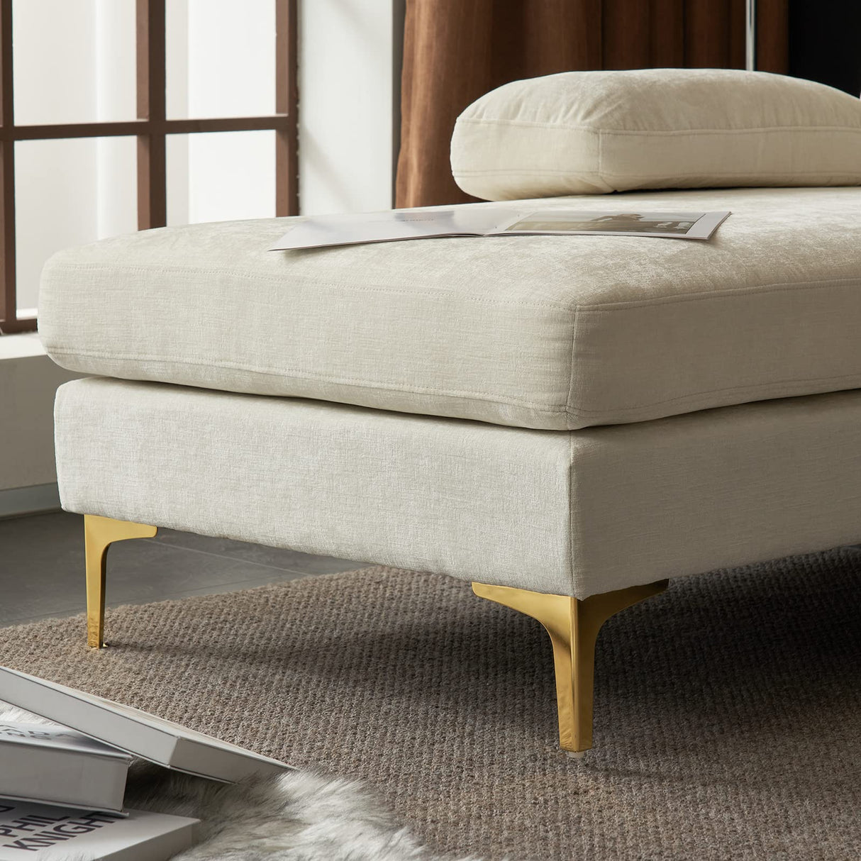 Karl home Convertible Sectional Sofa 110" U-Shape Sofa Couch 4-Seat Couch with Chaise ChenilleFabric Upholstered for Living Room, Apartment, Office, Creamy White Karl home